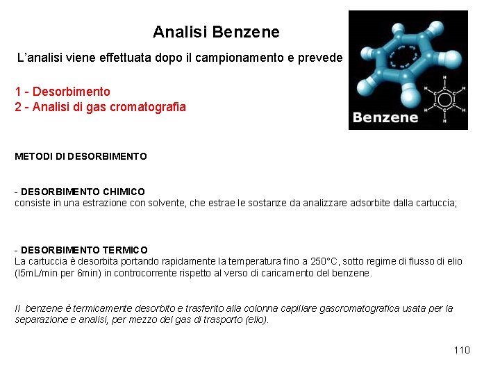 Analisi Benzene L’analisi viene effettuata dopo il campionamento e prevede 1 - Desorbimento 2