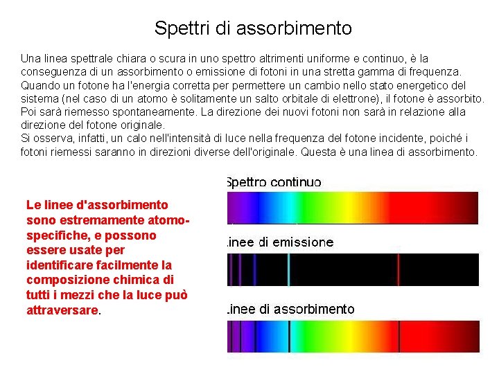 Spettri di assorbimento Una linea spettrale chiara o scura in uno spettro altrimenti uniforme