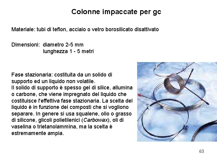 Colonne impaccate per gc Materiale: tubi di teflon, acciaio o vetro borosilicato disattivato Dimensioni: