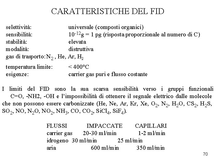 CARATTERISTICHE DEL FID • selettività: universale (composti organici) • sensibilità: 10 -12 g =