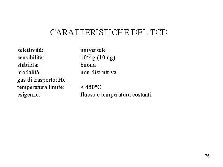 CARATTERISTICHE DEL TCD • selettività: • sensibilità: • stabilità: • modalità: • gas di