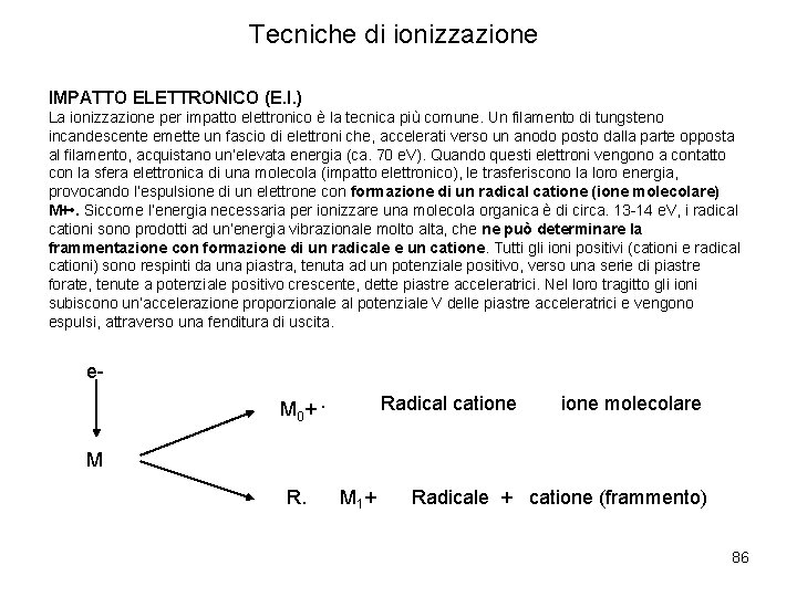 Tecniche di ionizzazione IMPATTO ELETTRONICO (E. I. ) La ionizzazione per impatto elettronico è