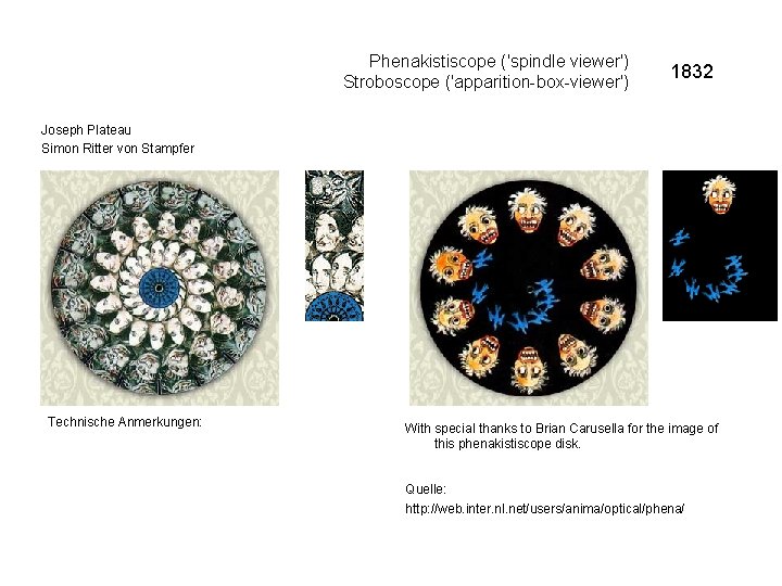 Phenakistiscope ('spindle viewer') Stroboscope ('apparition-box-viewer') 1832 Joseph Plateau Simon Ritter von Stampfer Technische Anmerkungen: