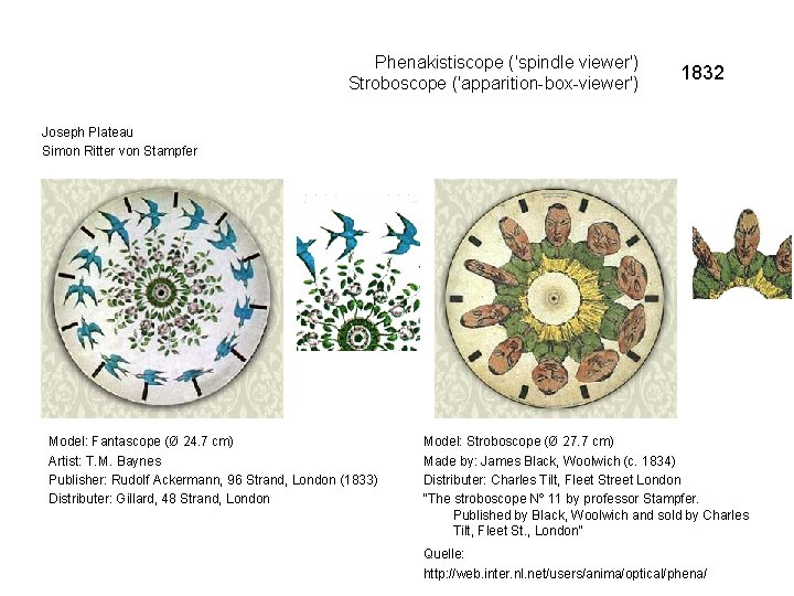 Phenakistiscope ('spindle viewer') Stroboscope ('apparition-box-viewer') 1832 Joseph Plateau Simon Ritter von Stampfer Model: Fantascope