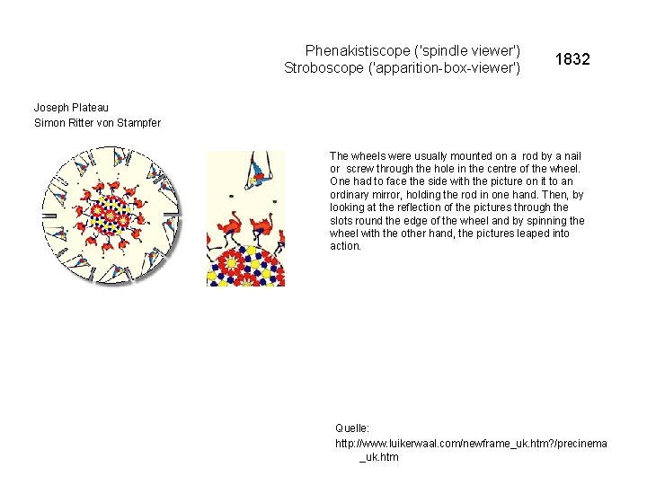 Phenakistiscope ('spindle viewer') Stroboscope ('apparition-box-viewer') 1832 Joseph Plateau Simon Ritter von Stampfer The wheels