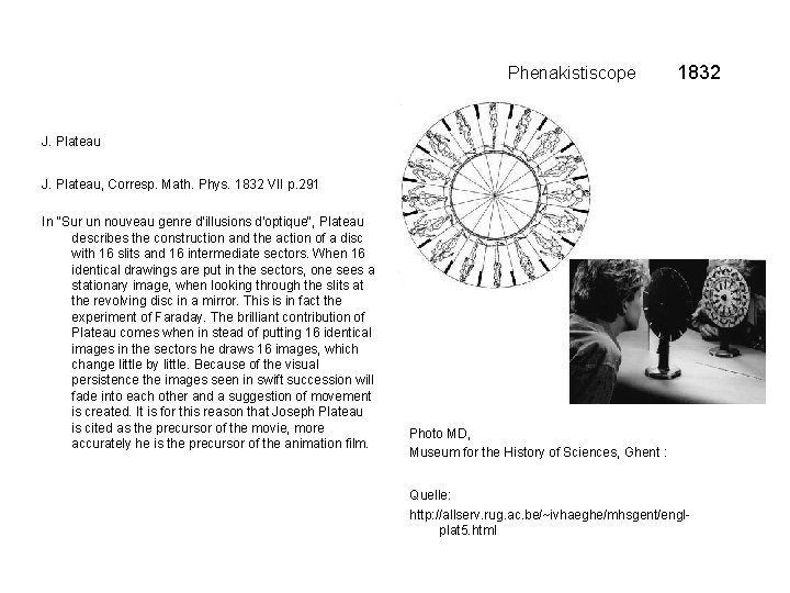 Phenakistiscope 1832 J. Plateau, Corresp. Math. Phys. 1832 VII p. 291 In "Sur un