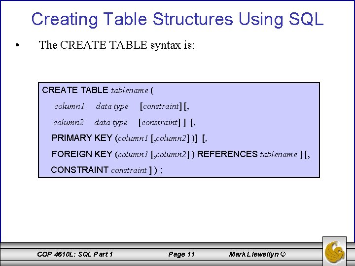 Creating Table Structures Using SQL • The CREATE TABLE syntax is: CREATE TABLE tablename