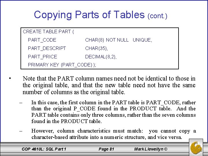 Copying Parts of Tables (cont. ) CREATE TABLE PART ( PART_CODE CHAR(8) NOT NULL