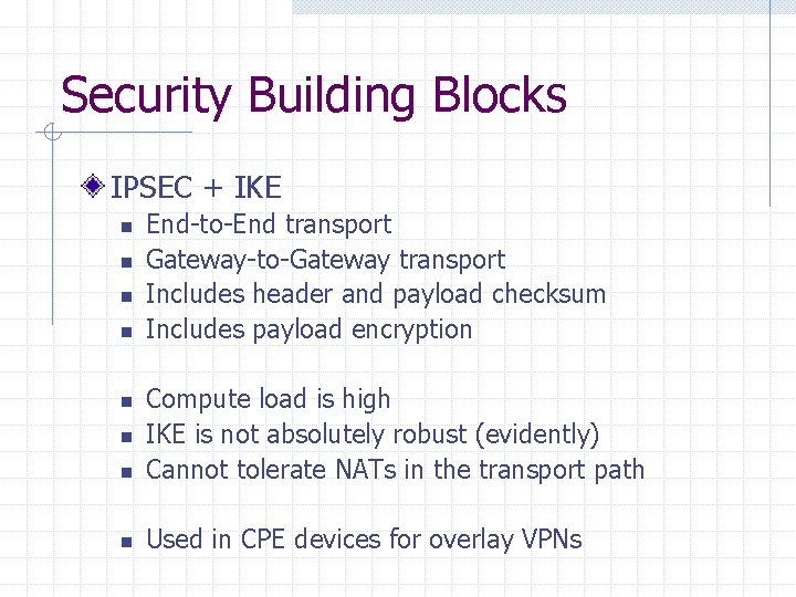 Security Building Blocks IPSEC + IKE n n End-to-End transport Gateway-to-Gateway transport Includes header
