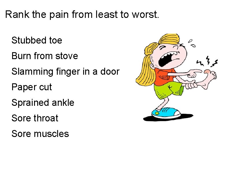 Rank the pain from least to worst. Stubbed toe Burn from stove Slamming finger