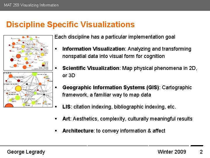 MAT 259 Visualizing Information Discipline Specific Visualizations Each discipline has a particular implementation goal MAT 259 Visualizing Information Discipline Specific Visualizations Each discipline has a particular implementation goal
