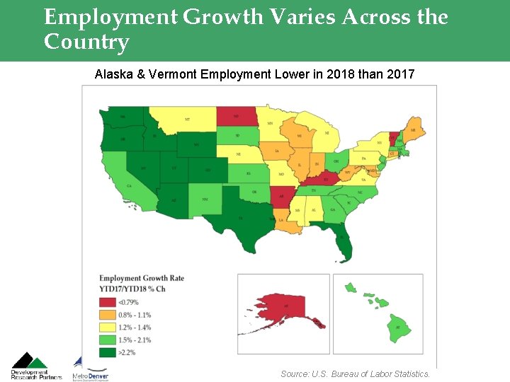 Employment Growth Varies Across the Country Alaska & Vermont Employment Lower in 2018 than