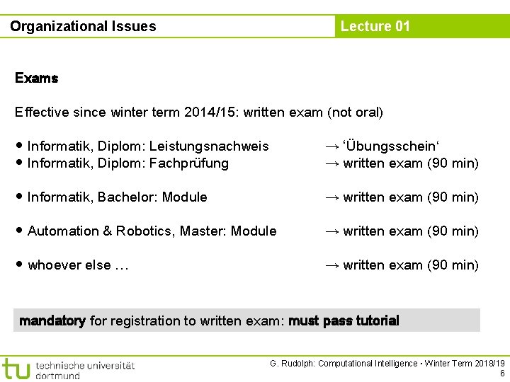 Organizational Issues Lecture 01 Exams Effective since winter term 2014/15: written exam (not oral)