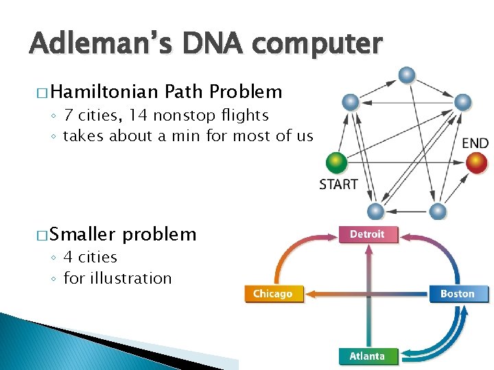 Adleman’s DNA computer � Hamiltonian Path Problem ◦ 7 cities, 14 nonstop flights ◦