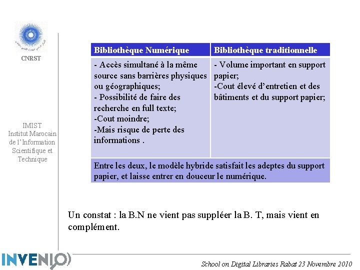 CNRST IMIST Institut Marocain de l’Information Scientifique et Technique Bibliothèque Numérique Bibliothèque traditionnelle -