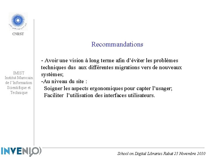 CNRST Recommandations IMIST Institut Marocain de l’Information Scientifique et Technique - Avoir une vision