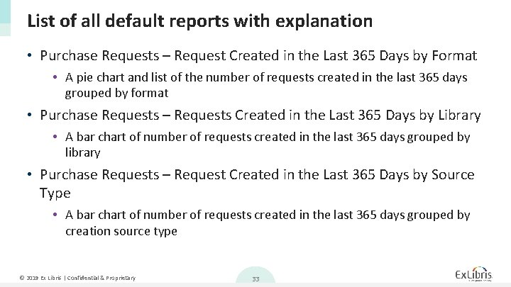 List of all default reports with explanation • Purchase Requests – Request Created in