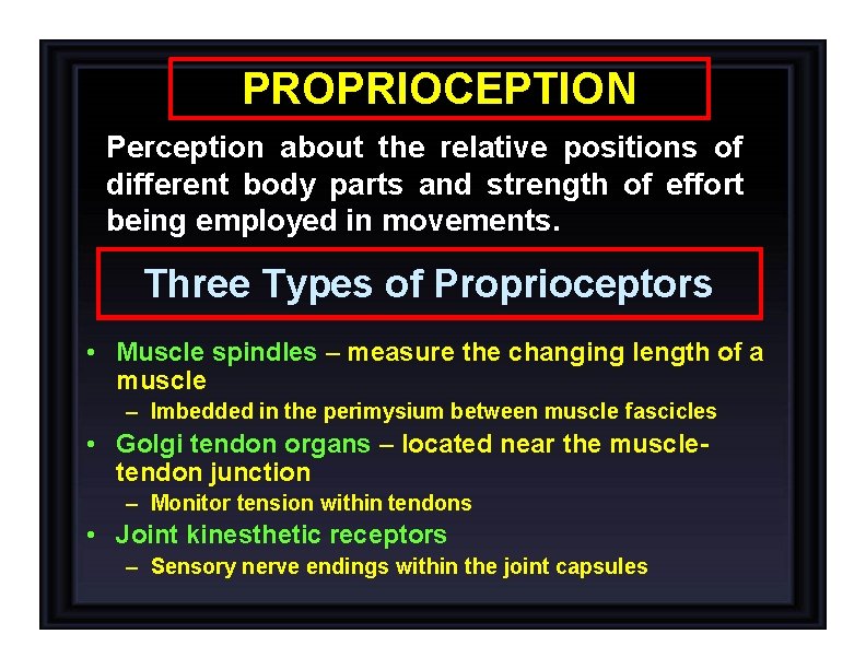 PROPRIOCEPTION Perception about the relative positions of different body parts and strength of effort