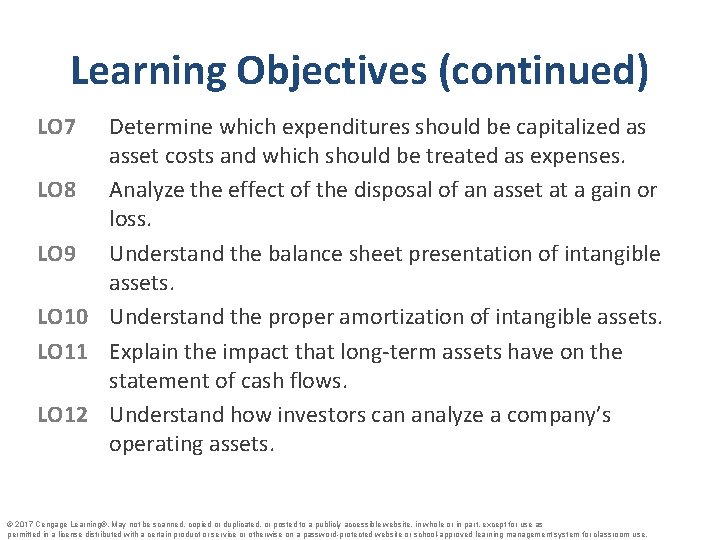 Learning Objectives (continued) LO 7 Determine which expenditures should be capitalized as asset costs