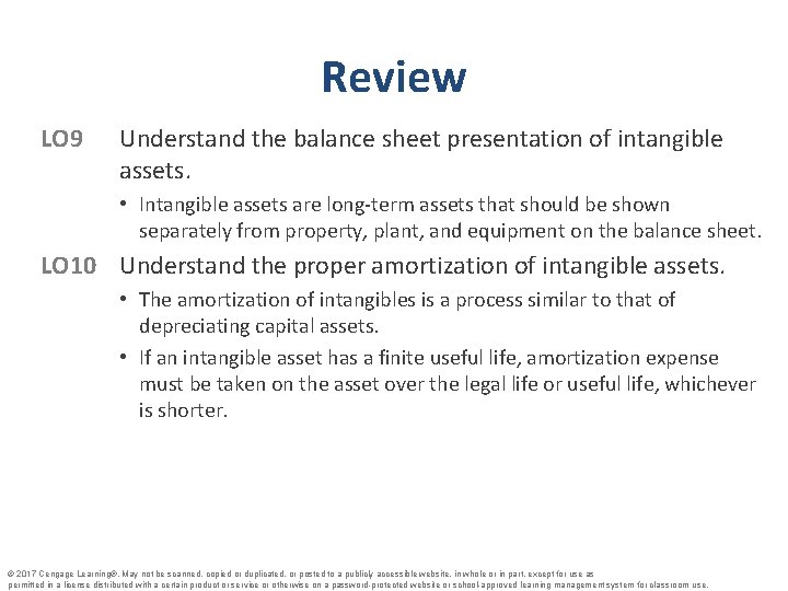 Review LO 9 Understand the balance sheet presentation of intangible assets. • Intangible assets