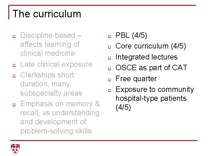 The curriculum q q Discipline-based – affects learning of clinical medicine Late clinical exposure