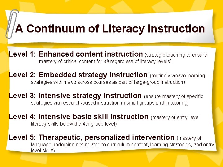 A Continuum of Literacy Instruction Level 1: Enhanced content instruction (strategic teaching to ensure