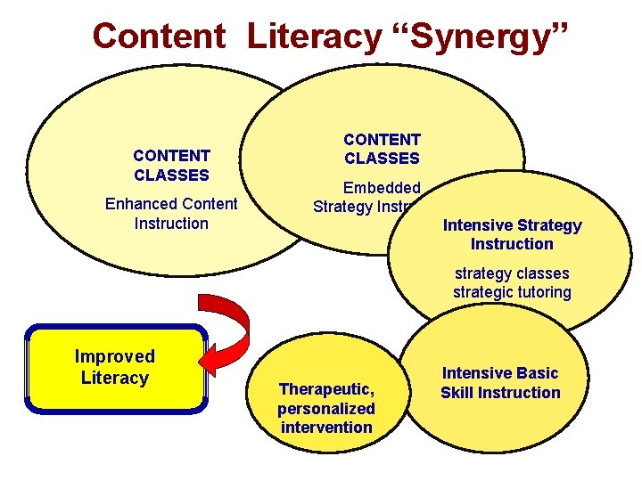 Content Literacy “Synergy” CONTENT CLASSES Enhanced Content Instruction CONTENT CLASSES Embedded Strategy Instruction Intensive