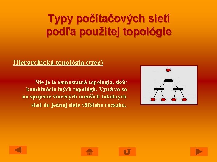 Typy počítačových sietí podľa použitej topológie Hierarchická topológia (tree) Nie je to samostatná topológia,