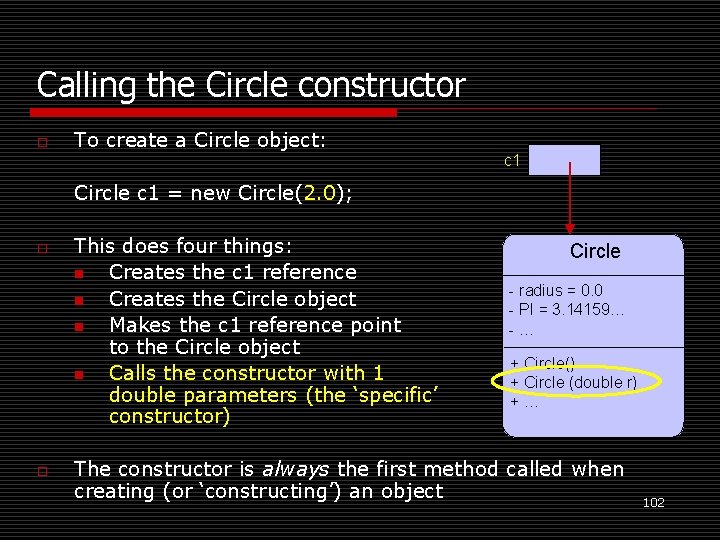 Calling the Circle constructor o To create a Circle object: c 1 Circle c