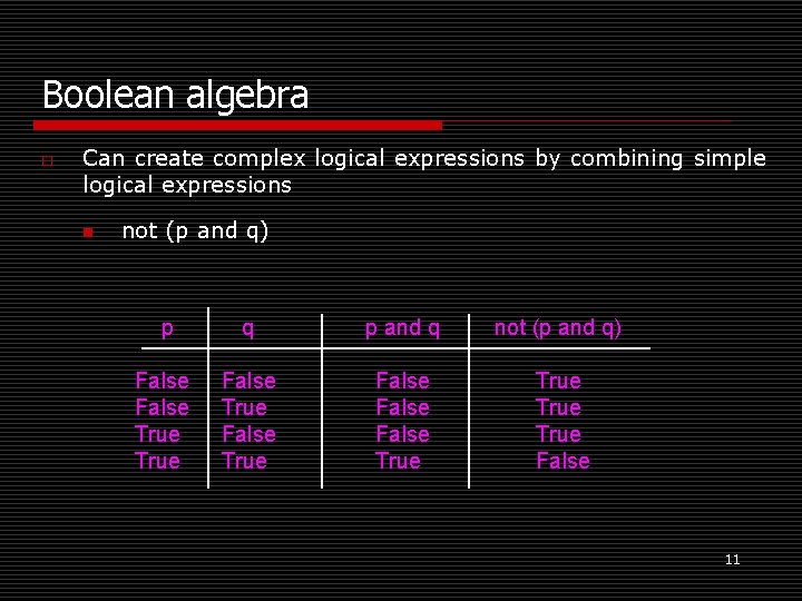 Boolean algebra o Can create complex logical expressions by combining simple logical expressions n