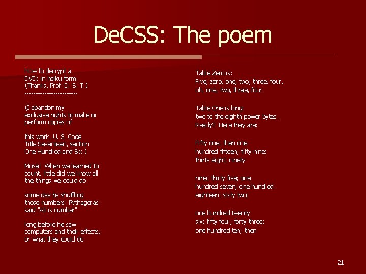 De. CSS: The poem How to decrypt a DVD: in haiku form. (Thanks, Prof.