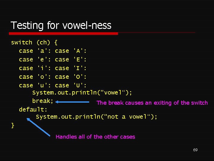 Testing for vowel-ness switch (ch) { case 'a': case 'A': case 'e': case 'E':