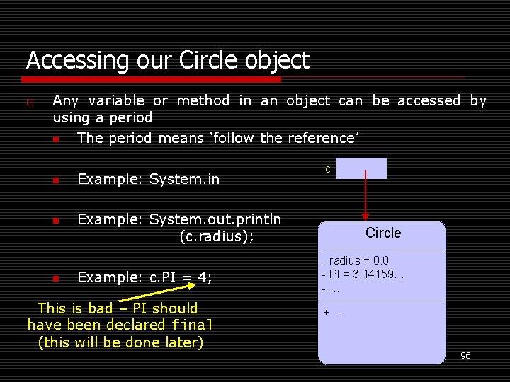 Accessing our Circle object o Any variable or method in an object can be