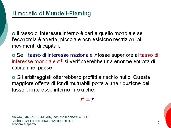 Il modello di Mundell-Fleming Il tasso di interesse interno è pari a quello mondiale