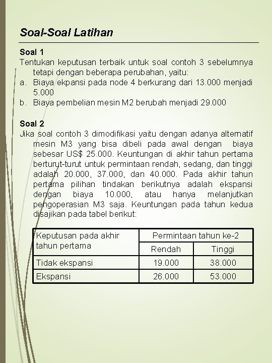 Soal-Soal Latihan Soal 1 Tentukan keputusan terbaik untuk soal contoh 3 sebelumnya tetapi dengan