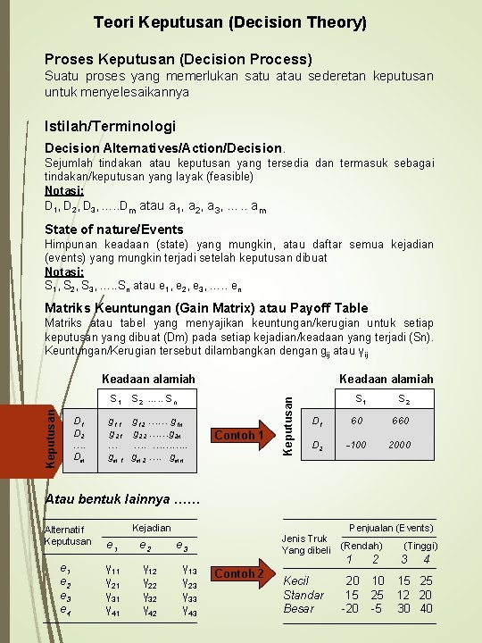 Teori Keputusan (Decision Theory) Proses Keputusan (Decision Process) Suatu proses yang memerlukan satu atau