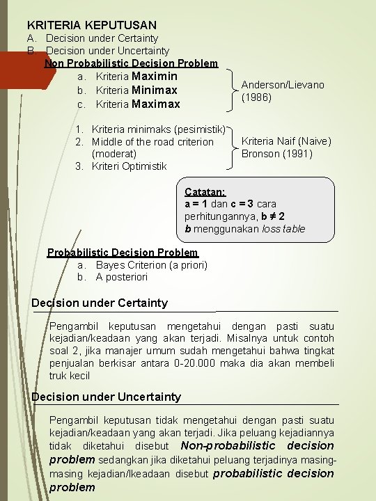 KRITERIA KEPUTUSAN A. Decision under Certainty B. Decision under Uncertainty Non Probabilistic Decision Problem