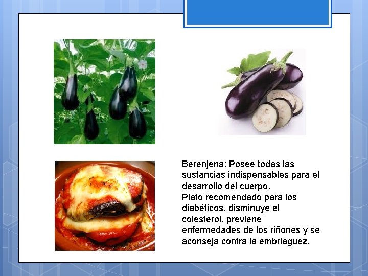 Berenjena: Posee todas las sustancias indispensables para el desarrollo del cuerpo. Plato recomendado para