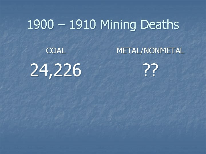 1900 – 1910 Mining Deaths COAL METAL/NONMETAL 24, 226 ? ? 1900 – 1910 Mining Deaths COAL METAL/NONMETAL 24, 226 ? ?