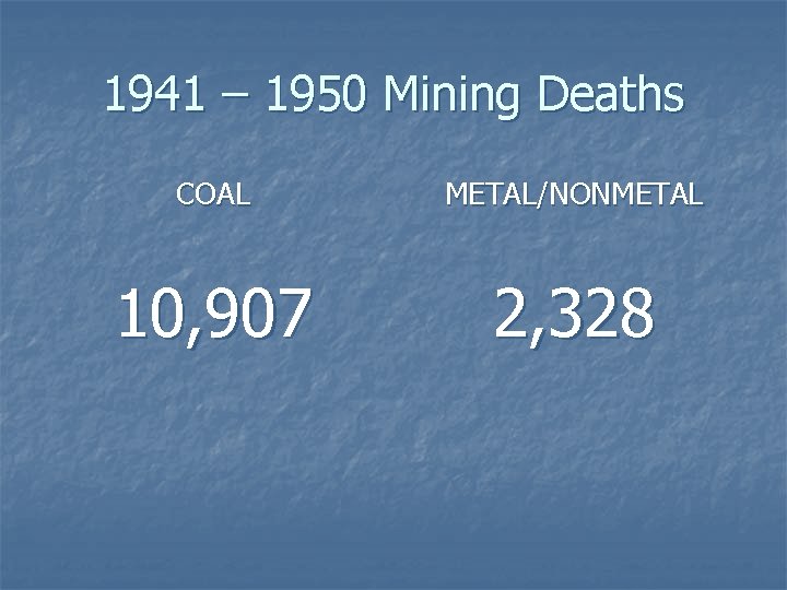 1941 – 1950 Mining Deaths COAL METAL/NONMETAL 10, 907 2, 328 1941 – 1950 Mining Deaths COAL METAL/NONMETAL 10, 907 2, 328