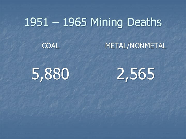 1951 – 1965 Mining Deaths COAL METAL/NONMETAL 5, 880 2, 565 1951 – 1965 Mining Deaths COAL METAL/NONMETAL 5, 880 2, 565
