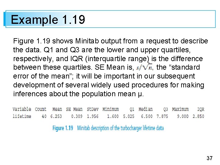 Example 1. 19 Figure 1. 19 shows Minitab output from a request to describe