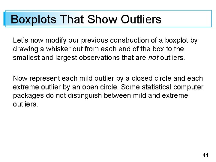 Boxplots That Show Outliers Let’s now modify our previous construction of a boxplot by