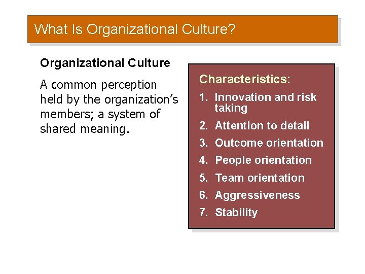 What Is Organizational Culture? Organizational Culture A common perception held by the organization’s members;