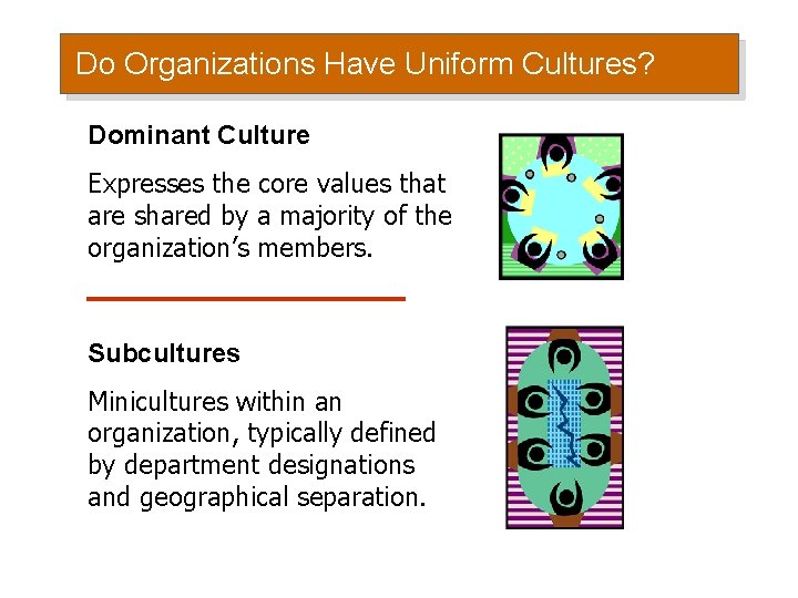 Do Organizations Have Uniform Cultures? Dominant Culture Expresses the core values that are shared