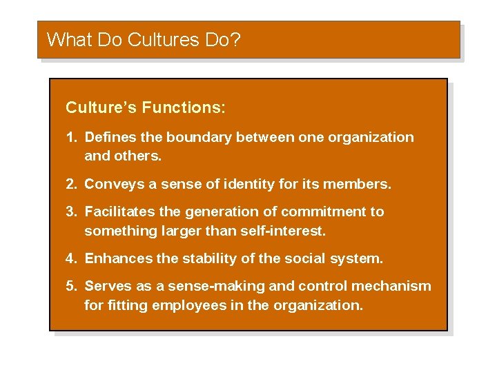 What Do Cultures Do? Culture’s Functions: 1. Defines the boundary between one organization and