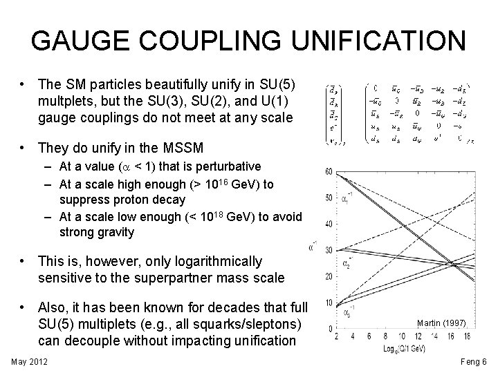 GAUGE COUPLING UNIFICATION • The SM particles beautifully unify in SU(5) multplets, but the