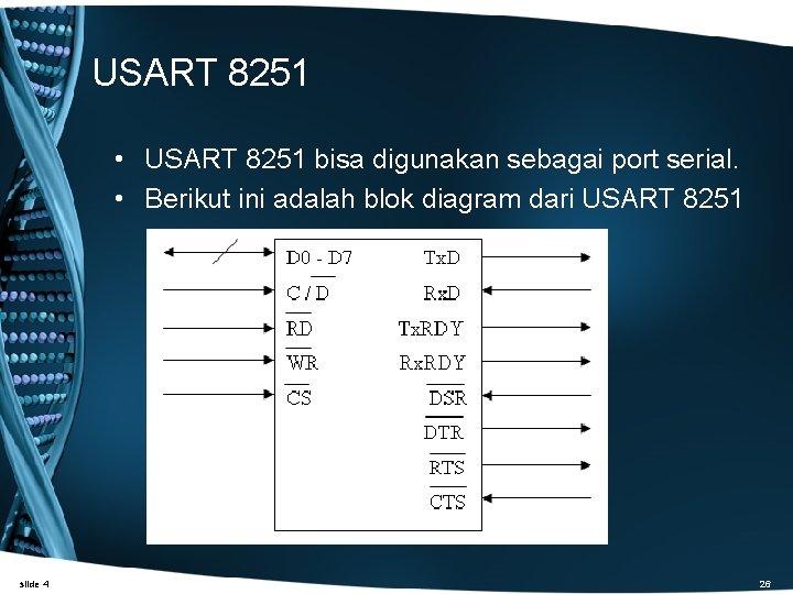 USART 8251 • USART 8251 bisa digunakan sebagai port serial. • Berikut ini adalah