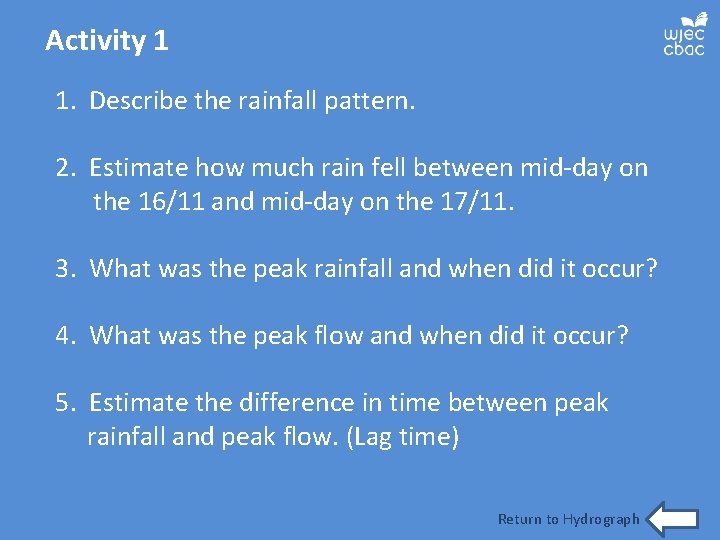 Activity 1 1. Describe the rainfall pattern. 2. Estimate how much rain fell between