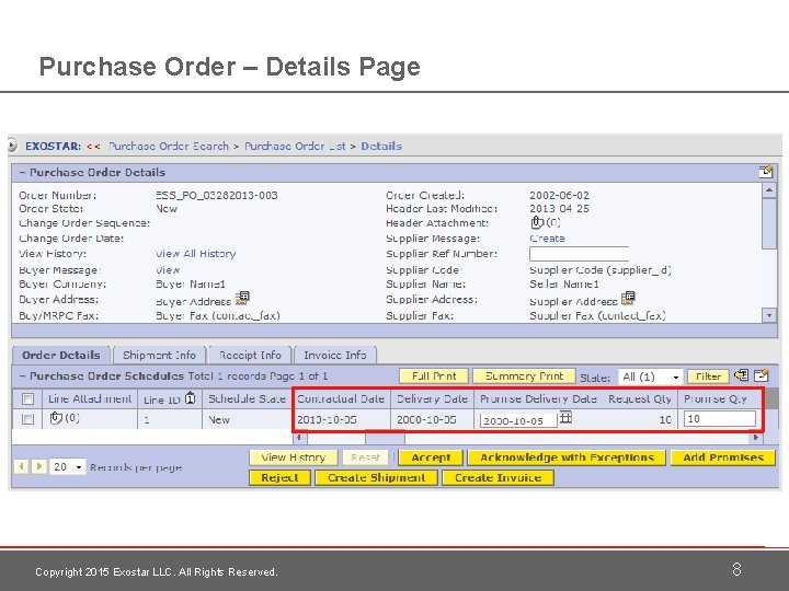 Purchase Order – Details Page Copyright 2015 Exostar LLC. All Rights Reserved. 8 